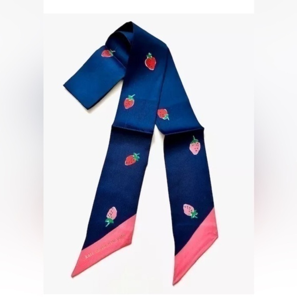 NWT RARE KATE SPADE NEW YORK Strawberry Silk Skinny Scarf, Pink and Navy Blue